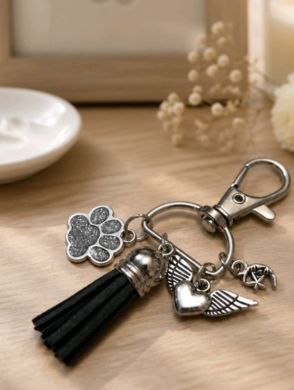 Sympathy Heart Wing Glitter Silver Pet Paw Zipper Charms Clip Keychain